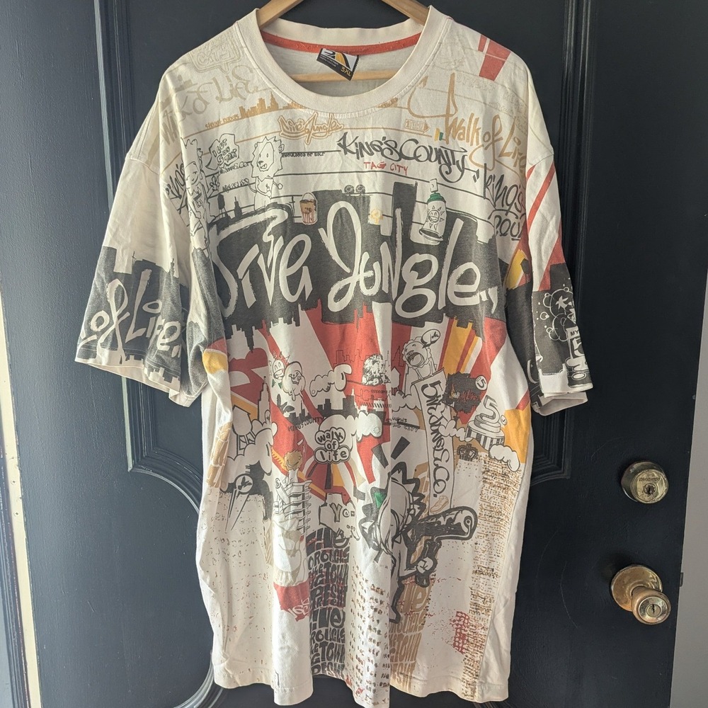 Vtg‎ Y2K 5ive Jungle Graffiti Print T-Shirt Kings County Streetwear Mens Sz 3XL